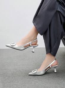 CUCCOO BIZCHIC 女士方形扣装饰纯色尖头露跟小猫跟露跟穆勒鞋，简约舒适，适合工作、派对、正式场合，适合秋冬季，银色低跟春季鞋春假复活节 - 銀色 - 查看 5