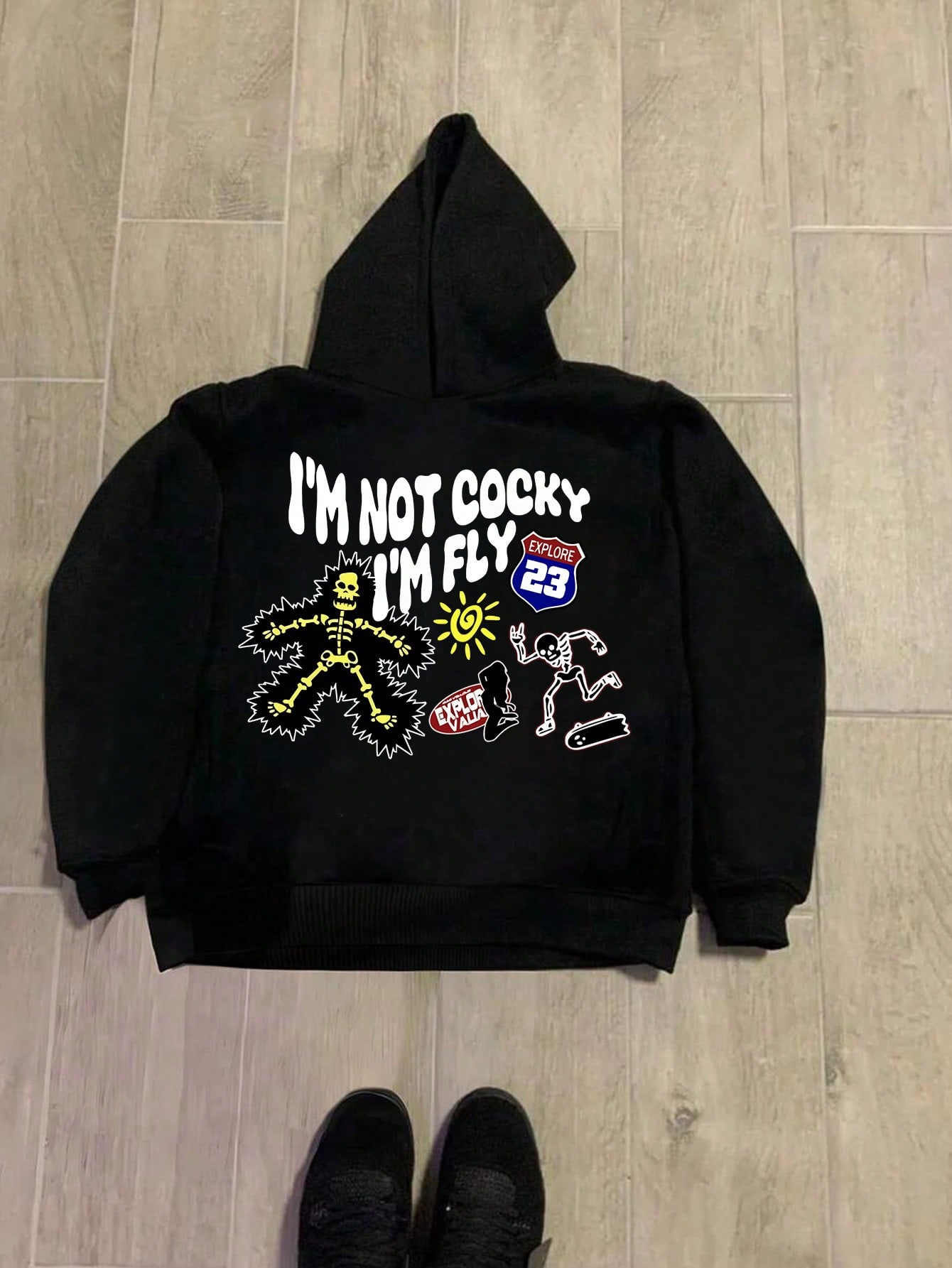 Men's Casual Skeleton Slogan Printed Black Hoodie, Autumn/Winter