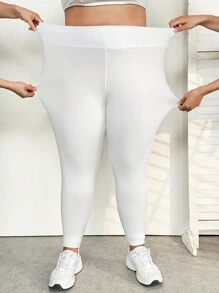 SHEIN CURVE+ Mallas de cintura alta elástica de un solo color en talla grande - Blanco - Ver 9