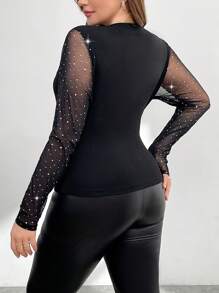 SHEIN Essnce 大码女式春夏时尚优雅性感舒适长袖透视修身黑色上衣、女士性感夜店服装、女士约会夜服装、音乐会服装、曲线派对上衣 - 黑色 - 查看 2