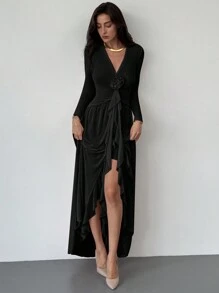 Aloruh New Elegant Ruffle Sash Decor 3D Floral Design Sexy Deep V Mesh Dress - Black - View 4