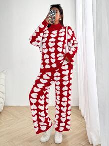 Flirla Fashion Heart Pattern Long Sleeve Knit Sweater Set, Autumn/Winter - Red - View 4