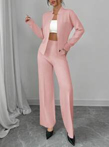 Chiquease Solid Color Loose Elegant Women Autumn Set, 2pcs Suits Long Sleeve Knit Sweater & Pants Set, Cardigan Coat Sweater Jacket Outfit