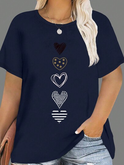 SHEIN LUNE Plus Size Women's Navy Valentine's Day T-Shirt With Cute Heart Print Graphic