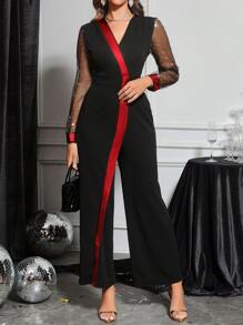 SHEIN Clasi Bộ đồ liền thân dài tay cổ chữ V viền sequin vàng cho nữ, váy vàng - Đỏ - Xem 3