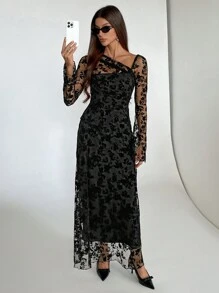 Siren Gaze 派对连衣裙女士不对称领口花卉植绒网眼优雅连衣裙 - 黑色 - 查看 6