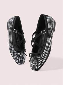 CUCCOO DOLLMOD Modische schwarze Ballerinas mit vollständiger Kristallverzierung, süß und niedlich für Schüler - Schwarz - Übersicht 2