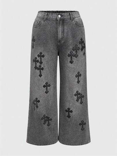 Grunge Punk Classic 2025 European & American Cross Embroidered Straight-Leg Jeans