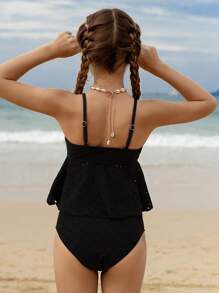 SHEIN Tween Girls Solid Color Hollow Tiered Ruffle Tankini Swimwear Set