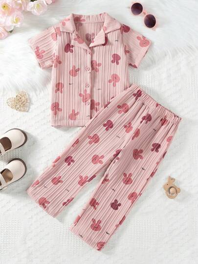 Young Girl Toddler Casual 2pcs Set With Simple Pink Cute Rabbit Printed Short Sleeve Top And Long Pants, Homewear