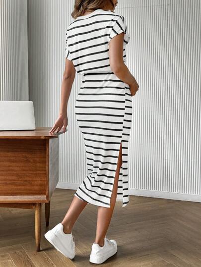 SHEIN Váy bầu cổ tròn tay cánh dơi kẻ sọc cho bà bầu có dây rút eo chữ H