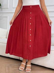 SHEIN LUNE Falda elegante de línea A con volantes y abotonadura sencilla de color rojo para mujer de talla grande - Burdeos - Ver 6