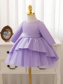 SHEIN Glamorique Kids 圣诞公主女童礼服舞会礼服，女婴长袖缎面连衣裙，带蝴蝶结，薄纱裙，秋冬季，万圣节 - 淡紫色 - 查看 4