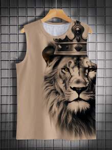 Manfinity LEGND Men's Casual Lion Print Round Neck Tank Top Lion Shirt Men - Coffee Brown - View 3