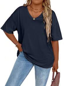 EMERY ROSE Plus Size Casual Solid Color Dropped Shoulder Loose T-Shirt