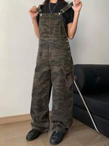 DAZY 女士宽松迷彩工装口袋牛仔背带连体裤 - 軍綠色 - 查看 4