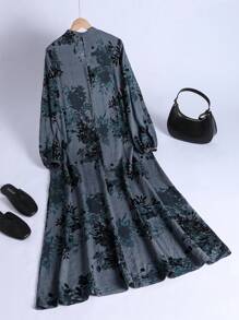 Lacomfia Sukienka damska w stylu arabskim z dekoltem w serek i kwiatowym nadrukiem, skromna