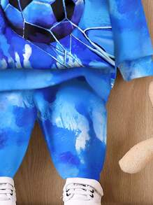 SHEIN Baby Boy Casual Loose Comfortable Soft Knit Sporty Hoodie Sweatshirt & Pants Set With Football Falling Into Net With Blue Sky And White Cloud Print