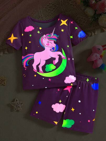 2 st Pyjamasset för ung flicka med söt glöd i mörkret enhörning, mån- och stjärnmolntryck, bekväm passform