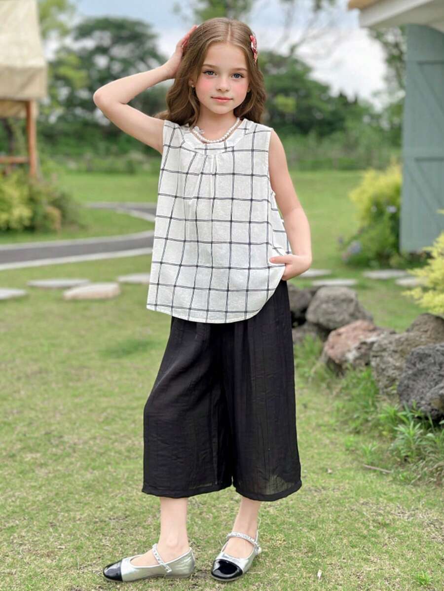 SHEIN 2 件装中大童女孩/青少年休闲格子无袖上衣和阔腿裤套装，薄面料，适合日常穿着 - 彩色 - 查看 1