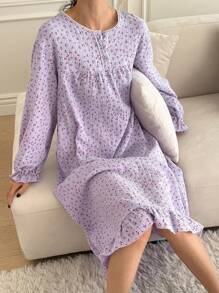 DAZY Cute Cherry Pattern All-Over Print Ruffle Trim Elegant Ladies' Spring Nightgown Pajama, Moo Moo, For Fall, Winter - Purple - View 6