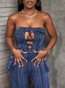 SHEIN Slayr 女士露肩镂空口袋休闲牛仔连身裤 - 深色水洗藍 - 查看 4