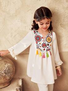 SHEIN Leap Crew DRMZ 2 件套少女套装：编织纯色拼接碎花流苏衬衫和编织长裤 - 彩色 - 查看 4