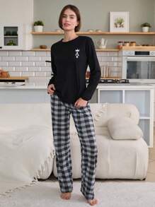 RueChic 2 Pcs Valentine's Day Couple Contrast Colour Queen Printed And Plaid Pattern Bottom Homewear Set - Black - View 4