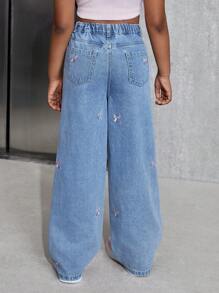 SHEIN Tween Girls Sweet & Cute Collegiate Style Pink Bow Embroidered Loose Comfortable Casual Wide Leg Jeans