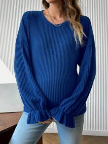 SHEIN 孕妇纯色圆领落肩长袖休闲罗纹 T 恤