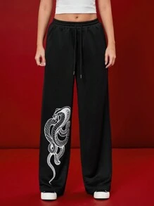 Manfinity VCAY 男女通用街头风格蛇纹印花松紧腰阔腿针织裤 - 黑色 - 查看 2