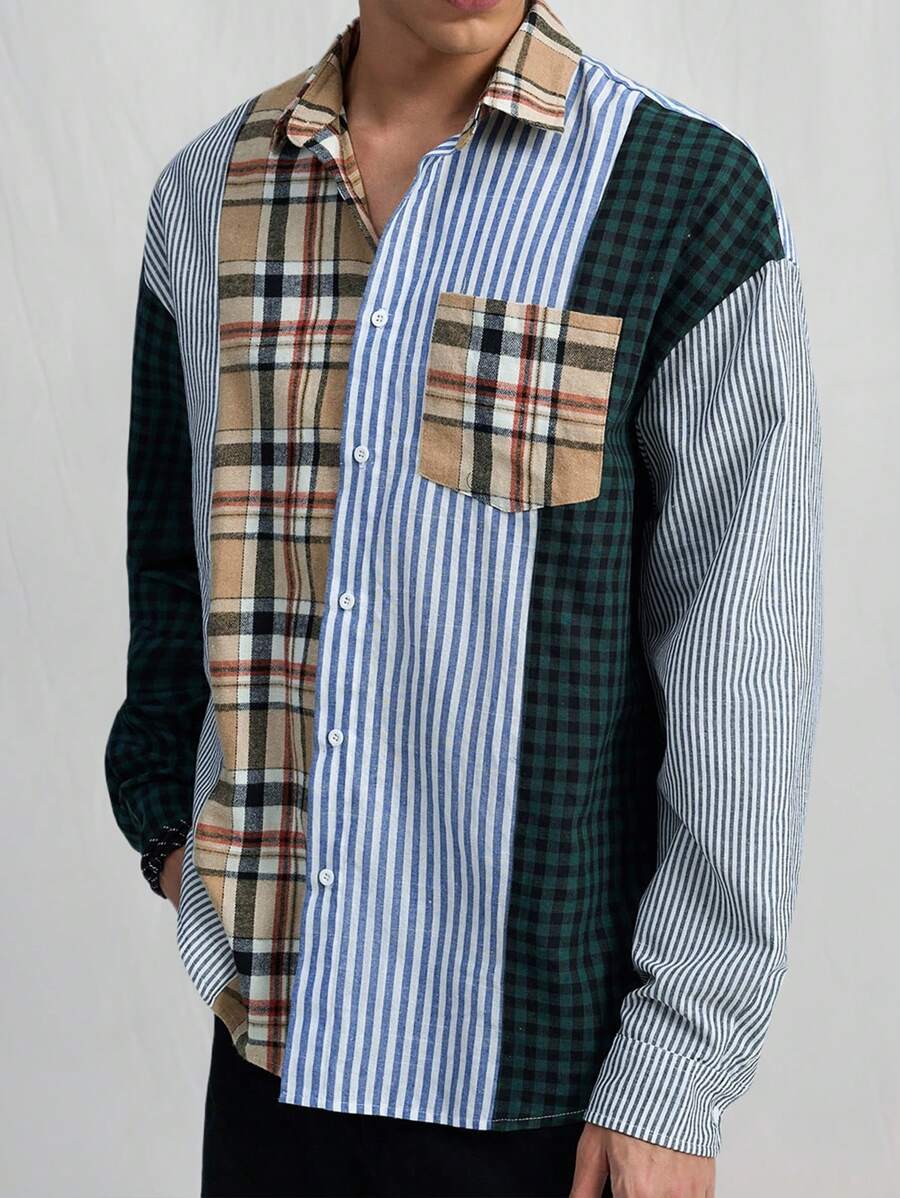 Manfinity VCAY Men's Woven Fashionable Casual Youth Loose Multi-Color Patchwork Long Sleeve Shirt, Autumn/Winter Jacket Style - Multicolor - View 1