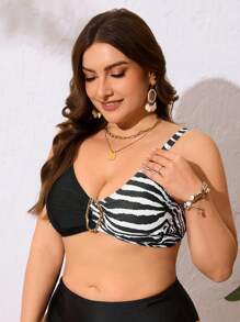 SHEIN Swim Curve Áo bơi họa tiết ngựa vằn gợi cảm cỡ lớn có khóa kim loại và dây đeo vai có thể điều chỉnh cho mùa hè - Đen và trắng - Xem 4