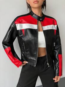 SHEIN Coolane 撞色拉鏈開襟PU皮革夾克 - 黑色 - 查看 3