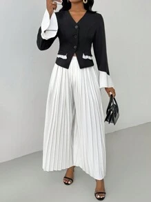 SHEIN Clasi 2 件套：女款黑白撞色 V 领喇叭袖西装外套和褶皱松紧腰裤 - 黑與白 - 查看 5