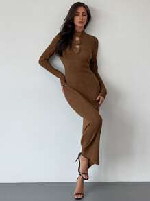 Aloruh Young Women's Minimalist High Neck Long Sleeve Fitted H-Hem Dress, Mixed Yarn Splicing Design, Casual Commuter Dress