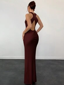 Aloruh Elegant Champagne Color Satin Backless Dress For Women - Burgundy - View 2