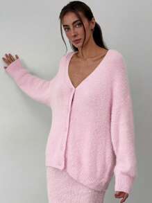 Aloruh 秋冬女款浅黄色超大落肩长袖开衫+A字长款毛衣裙两件套