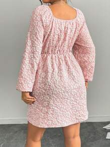 Flirla Damen Große Größen Kleid mit V-Ausschnitt, geraffeter Taille, Jacquard-Muster und Langarm, Osterbekleidung - Pink - Übersicht 2