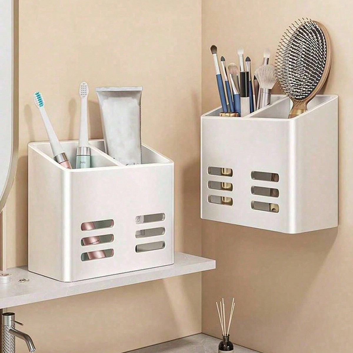 Ripiano da bagno, organizzatore per trucchi, senza bisogno di trapano, mensole da parete per prodotti per la cura della pelle, pettini e accessori da