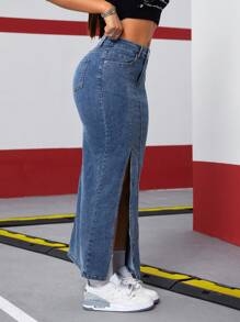 SHEIN ICON Women Long Casual Denim Skirt With Pockets & Side Slit Hem