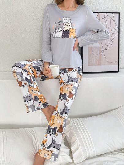 Set pigiama da donna con stampa gatto, abbigliamento autunnale