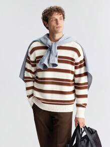 Ontre Men's Spring New Striped Crew Neck Loose Long Sleeve Casual Sweater, Fashion Simple For Valentine's Day, Holiday, New Year Party, Daily, Travel, Commute