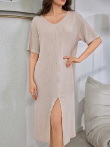 Front-Slit V-Neck Loose Short Sleeve Solid Color Women's Lounge Dress - Khaki - View 1