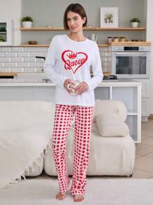 RueChic 2pcs Valentine's Day Couple Contrast Colour Queen Printed With Plaid Pattern Bottom Homewear Set - Red and White - View 5