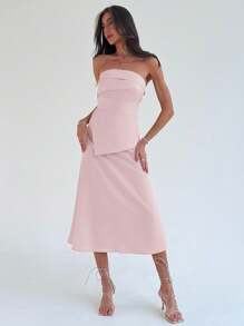 Aloruh 1 件女士简约优雅褶皱吊带背心连衣裙，合身喇叭形廓形 - 淺粉色 - 查看 6