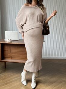 SHEIN Drop Shoulder 3/4 Sleeve Top & Bodycon One-Shoulder Skirt Set - Apricot - View 1