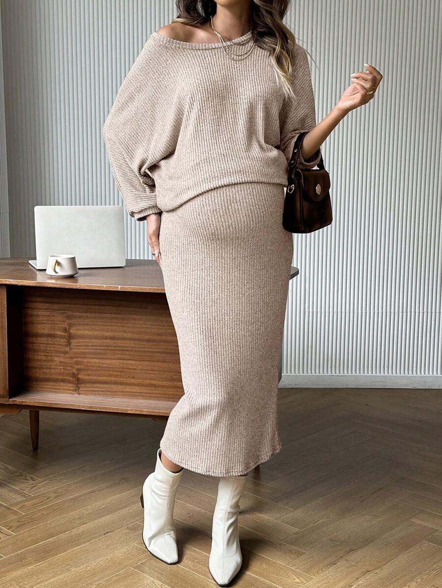 SHEIN Drop Shoulder 3/4 Sleeve Top & Bodycon One-Shoulder Skirt Set - Apricot - View 1