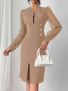 Elenzga Vestido elegante para commuter con mangas abullonadas de malla
