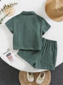 SHEIN 2pcs/Set Baby Boy Summer Casual Sage Green Kimono Style Short Sleeve Shirt & Shorts Outfit,Cute Holiday Family Matching For Birthday Party,Wedding - Multicolor - View 2